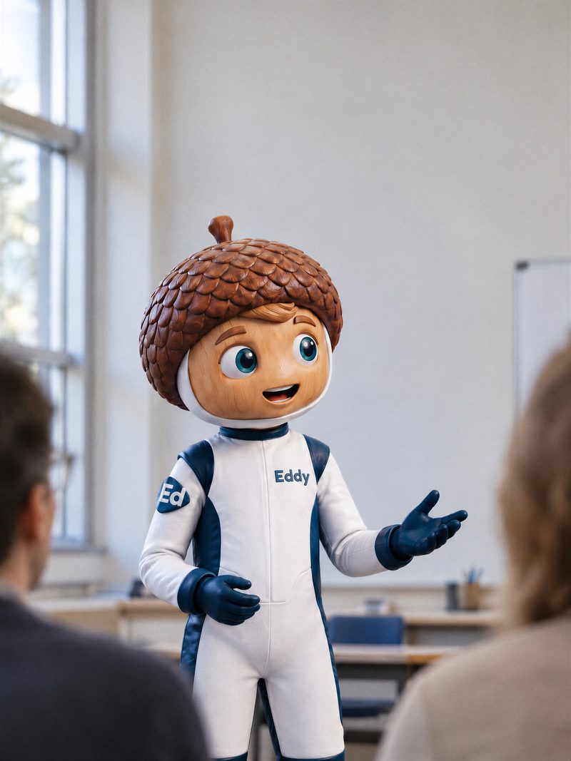 Eddy, la mascotte di empowerEd, spiega qualcosa a un gruppo di docenti