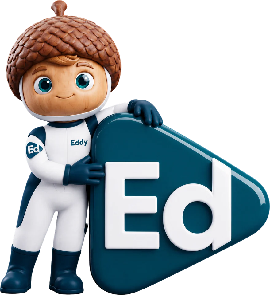 Eddy, la mascotte di empowerEd, appoggiato al simbolo Ed