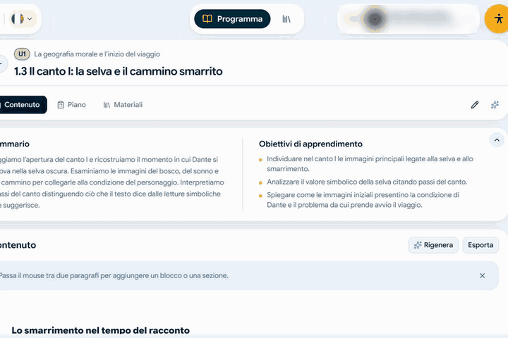 L’editor di una lezione in Course Studio, con la struttura del corso e i contenuti modificabili