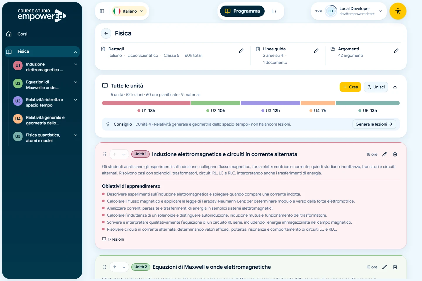 Il Programma di Course Studio con la struttura del corso, le unità e gli obiettivi di apprendimento