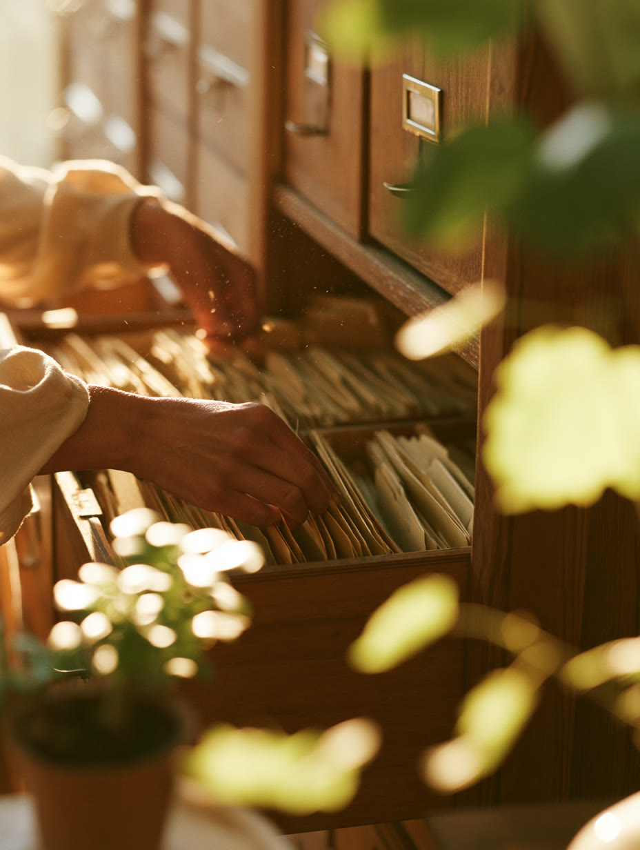 Mani che sfogliano fascicoli in un archivio scolastico, luce calda